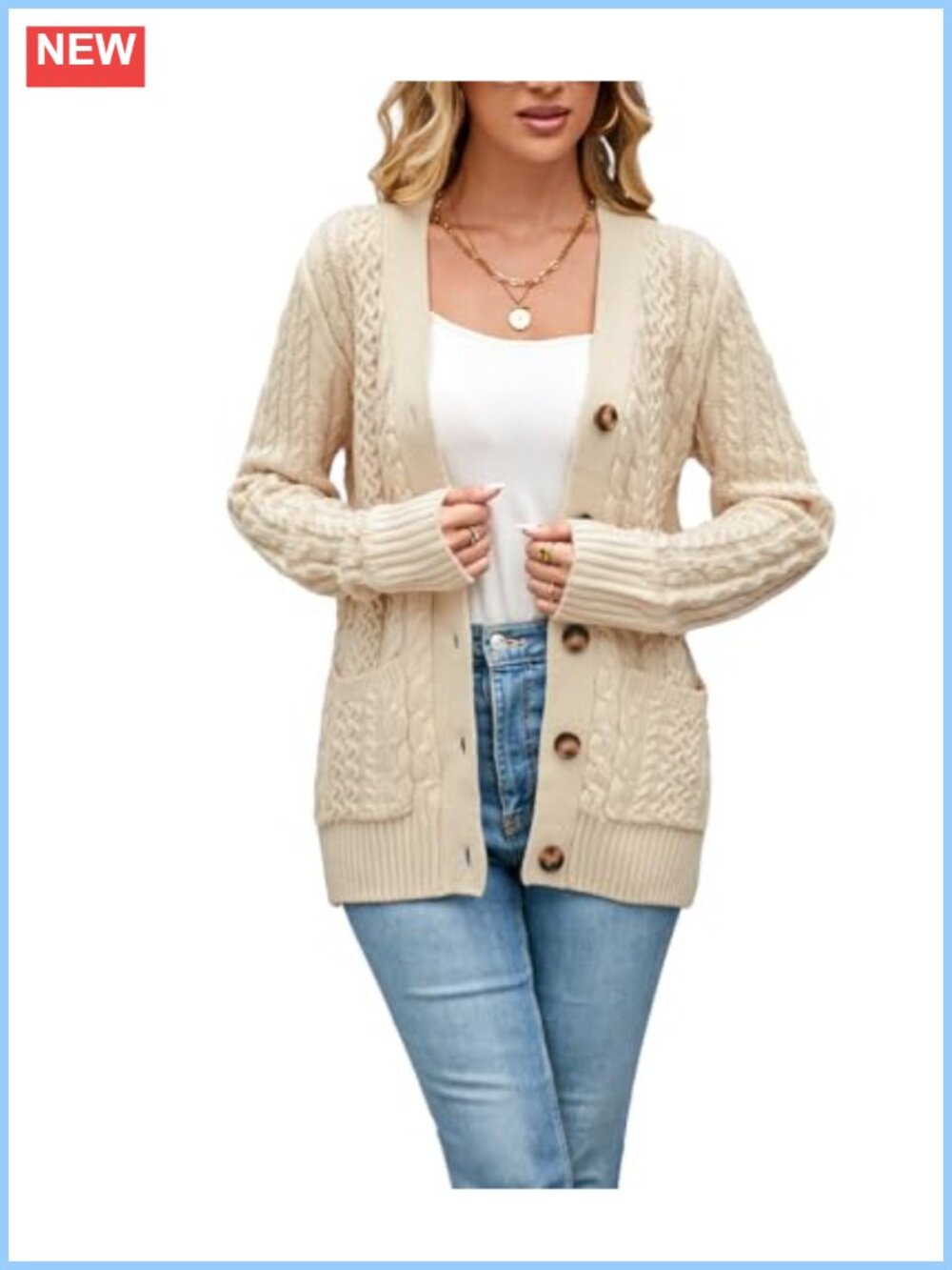 Womens Cable Knit Chunky Cardigan Open Front Button Down Sweater with Pockets